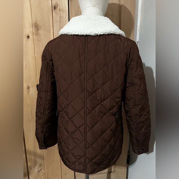 Talbots Petites Brown Quilted Bomber Jacket Shearling Collar Size SP - Picture 5 of 8